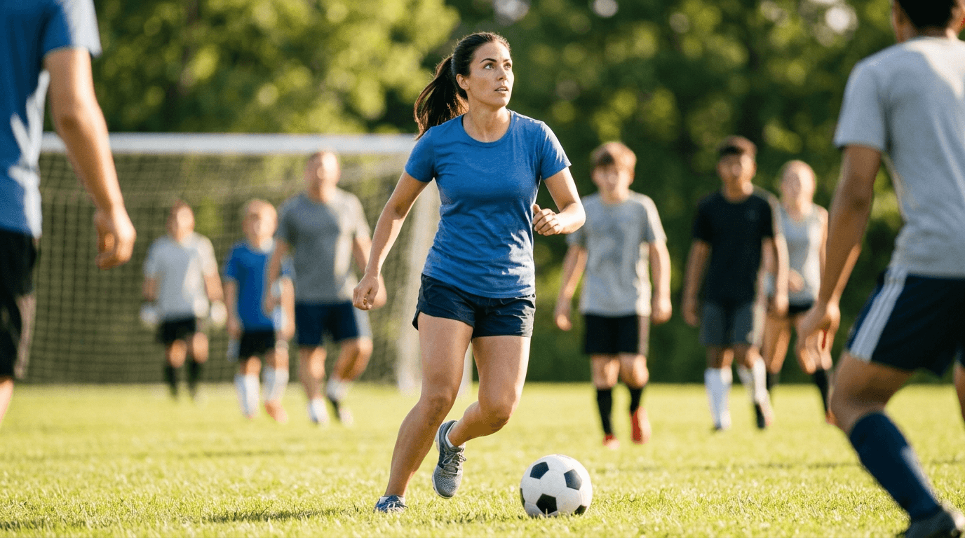 A soccer player in a blue t-shirt dribbling a soccer ball down a green field during a match.