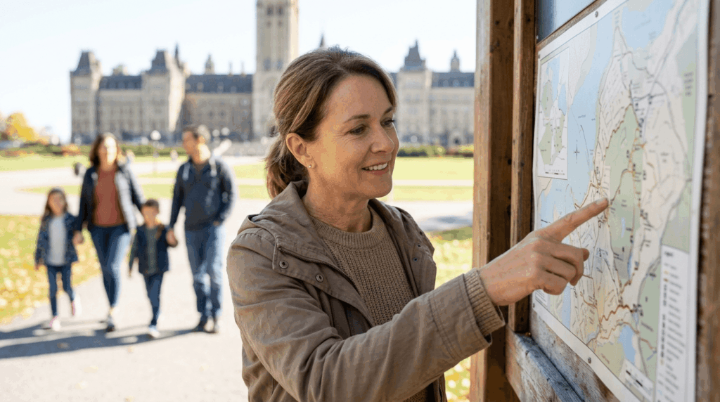 A smiling woman pointing at a park trail map outdoors while a family walks in the background near a historic building.