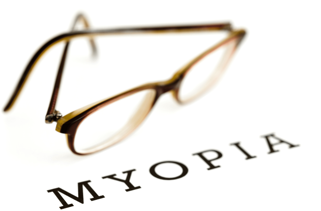 A pair of prescription glasses sitting over a paper that says "myopia"