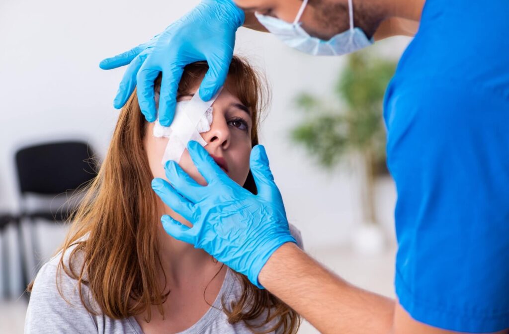 Patient with an eye patch being examined by a medical professional.