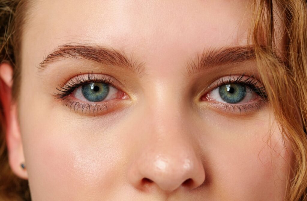 A close up of a person's blue eyes