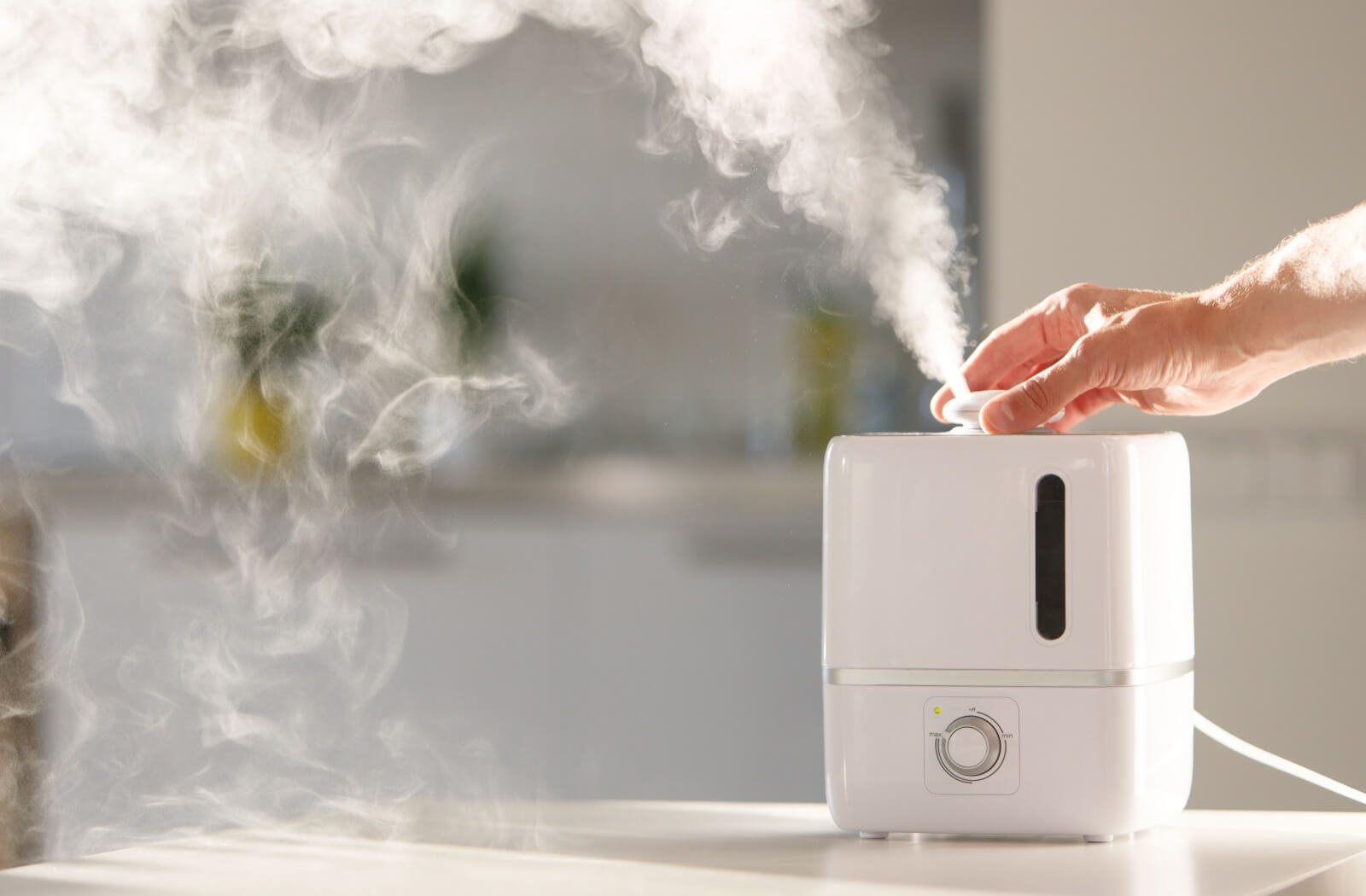 Humidifier releasing mist to add moisture to indoor air, which may help relieve dry eye symptoms.