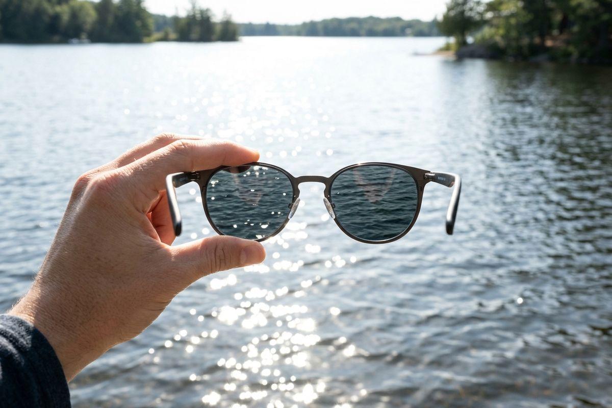 Hand holding sunglasses up against a sunlit lake, with tree-lined shore in the background.