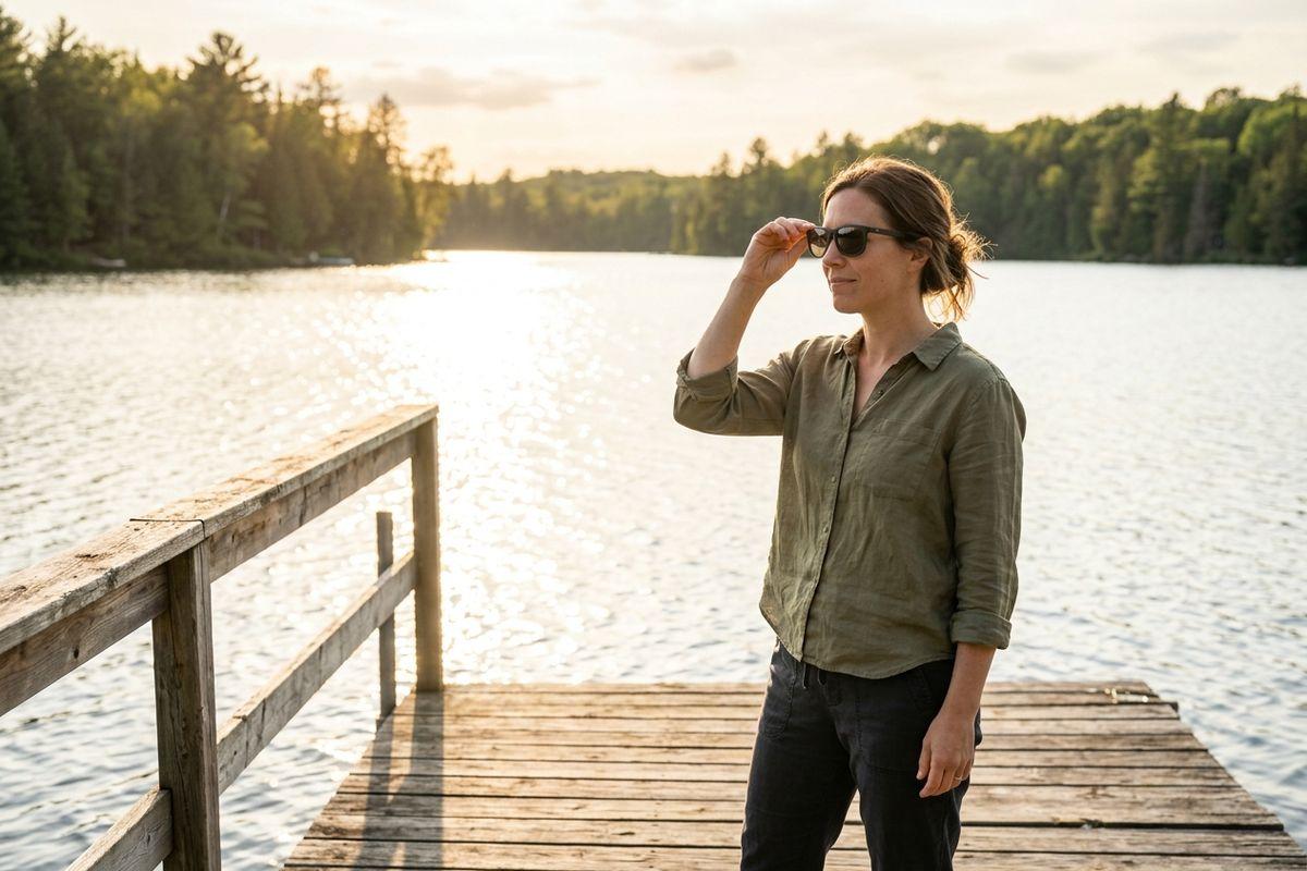 Person in sunglasses and green shirt standing on a wooden dock, looking out over a tree-lined lake at sunset.