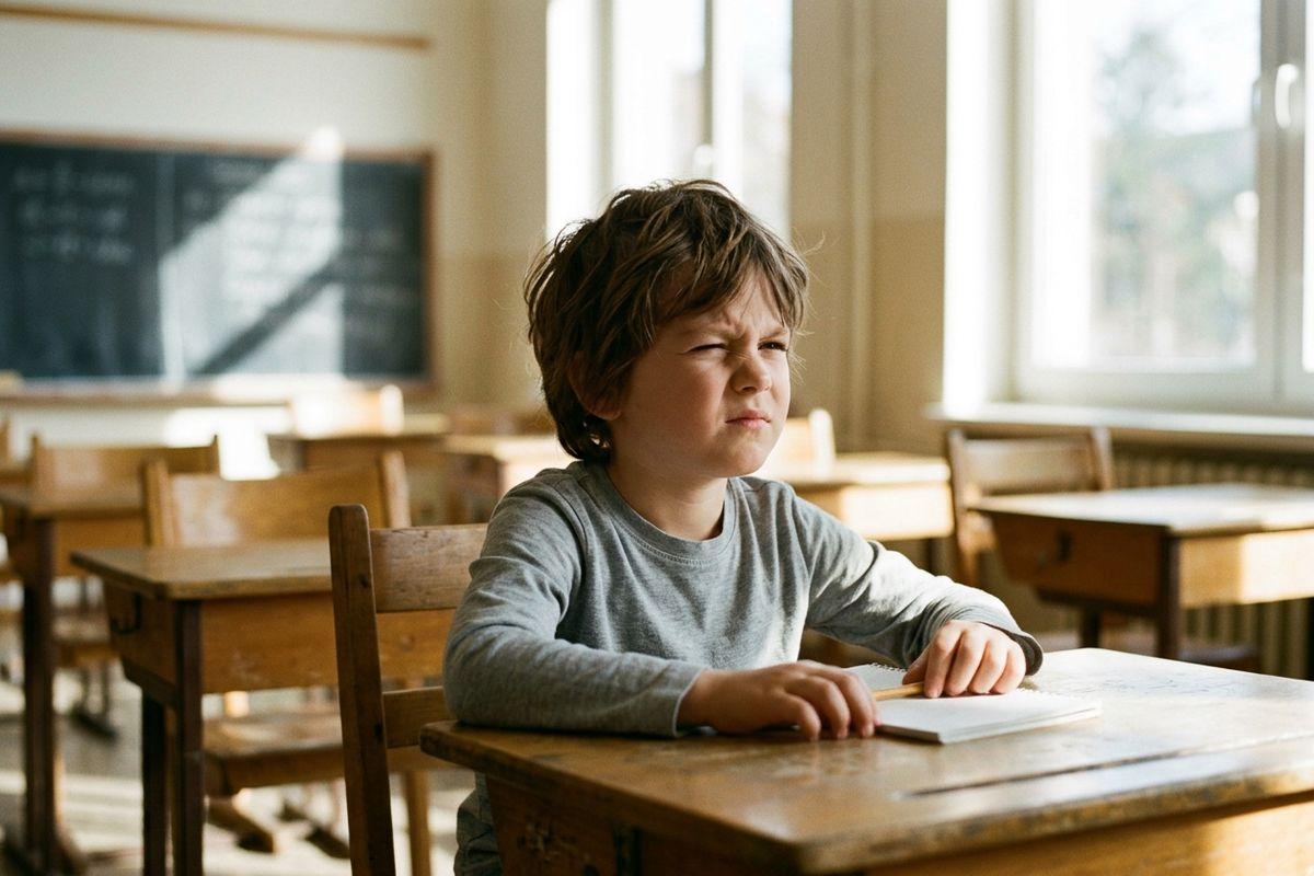 Child sitting at a wooden desk in a classroom, squinting, with a notebook and pencil, chalkboard and windows behind.