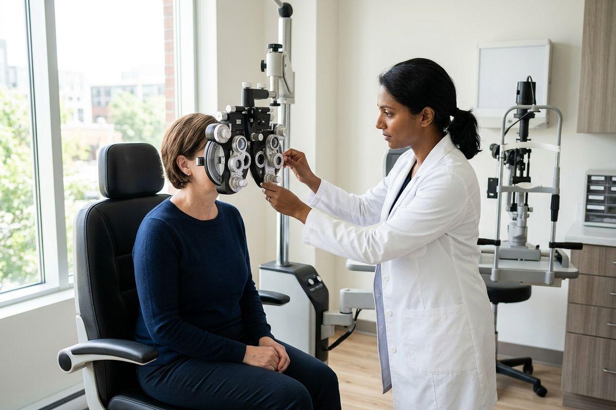 Optometrist adjusts a phoropter for a seated patient during an eye exam in a bright clinic.